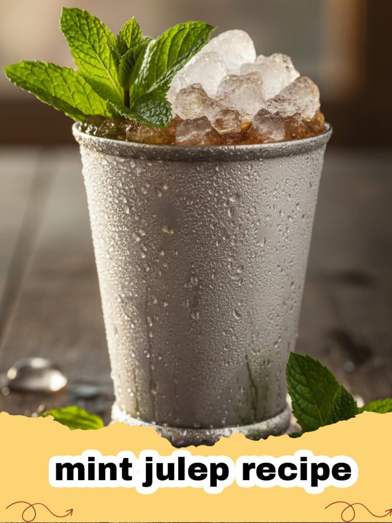 mint julep recipe - Refreshing mint julep cocktail in a frosted silver cup, garnished with a vibrant mint sprig on a wooden surface.