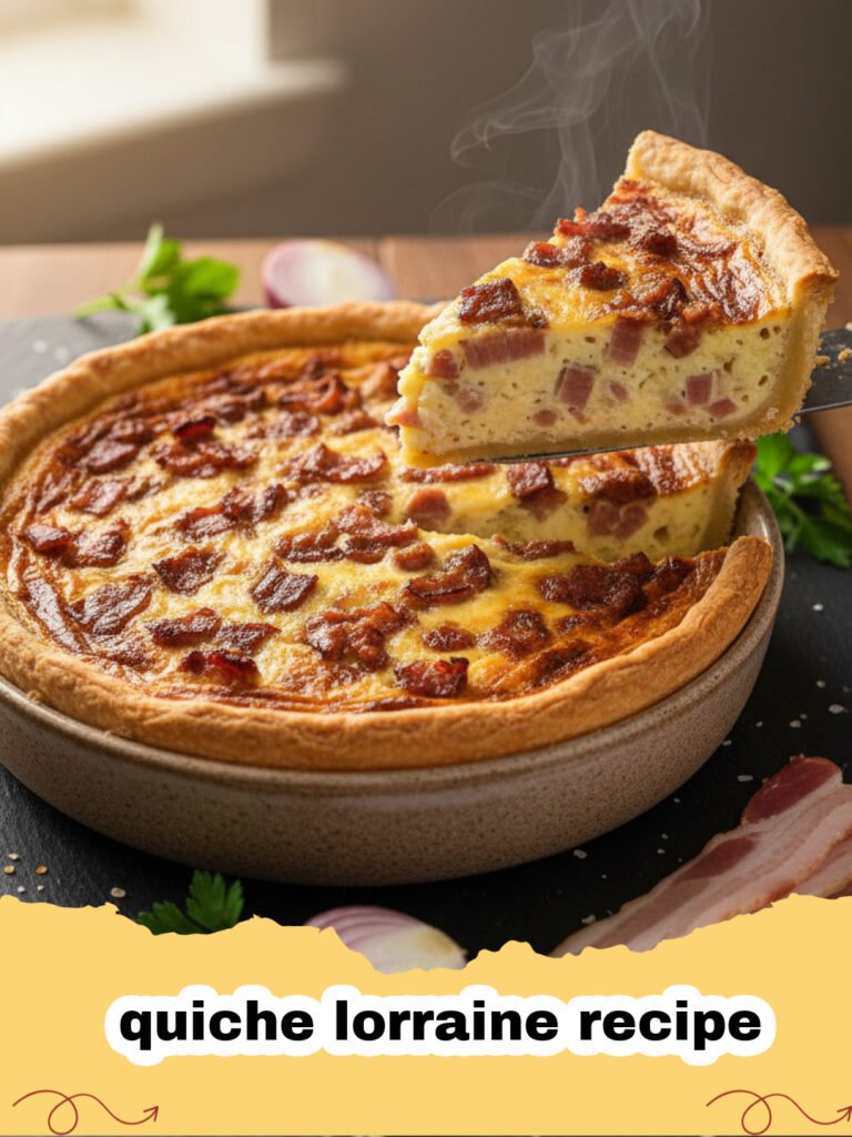 quiche lorraine recipe - A golden brown, freshly baked classic quiche Lorraine, sliced and ready to serve, showing the creamy custard, bacon, and cheese.
