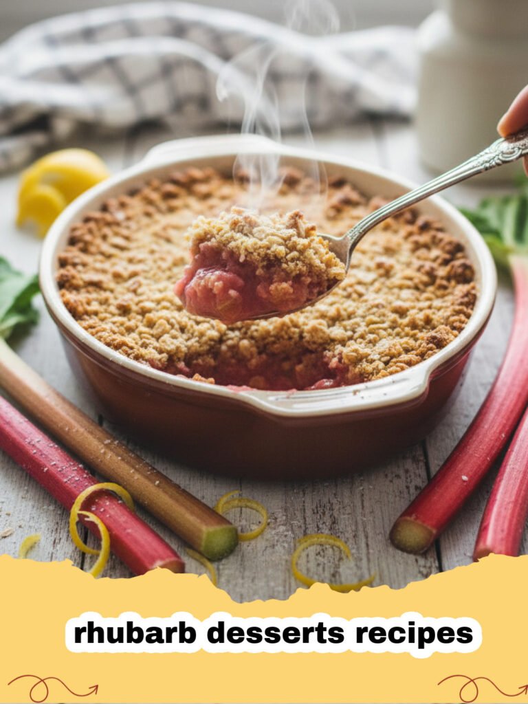 rhubarb desserts recipes - A close-up of a golden-brown rhubarb crumble with an oat topping, bubbling with tart rhubarb filling, served in a white baking dish.