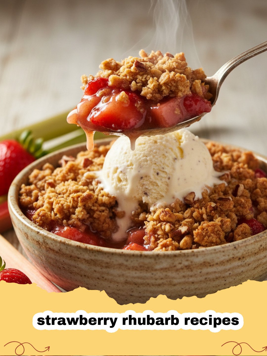 strawberry rhubarb recipes - Close-up of a warm, golden-brown classic strawberry rhubarb crumble in a baking dish, with steam rising and a scoop of vanilla ice cream on top.