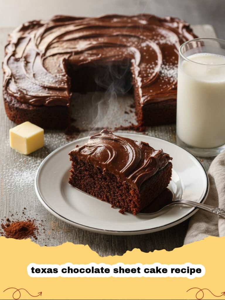 texas chocolate sheet cake recipe - A large, rectangular Texas Chocolate Sheet Cake with warm fudge frosting, topped with chopped pecans, cut into squares on a rustic wooden board.