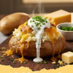 twice baked potato recipe - Close-up of two golden-brown twice baked potatoes garnished with chives and bacon bits on a wooden board.