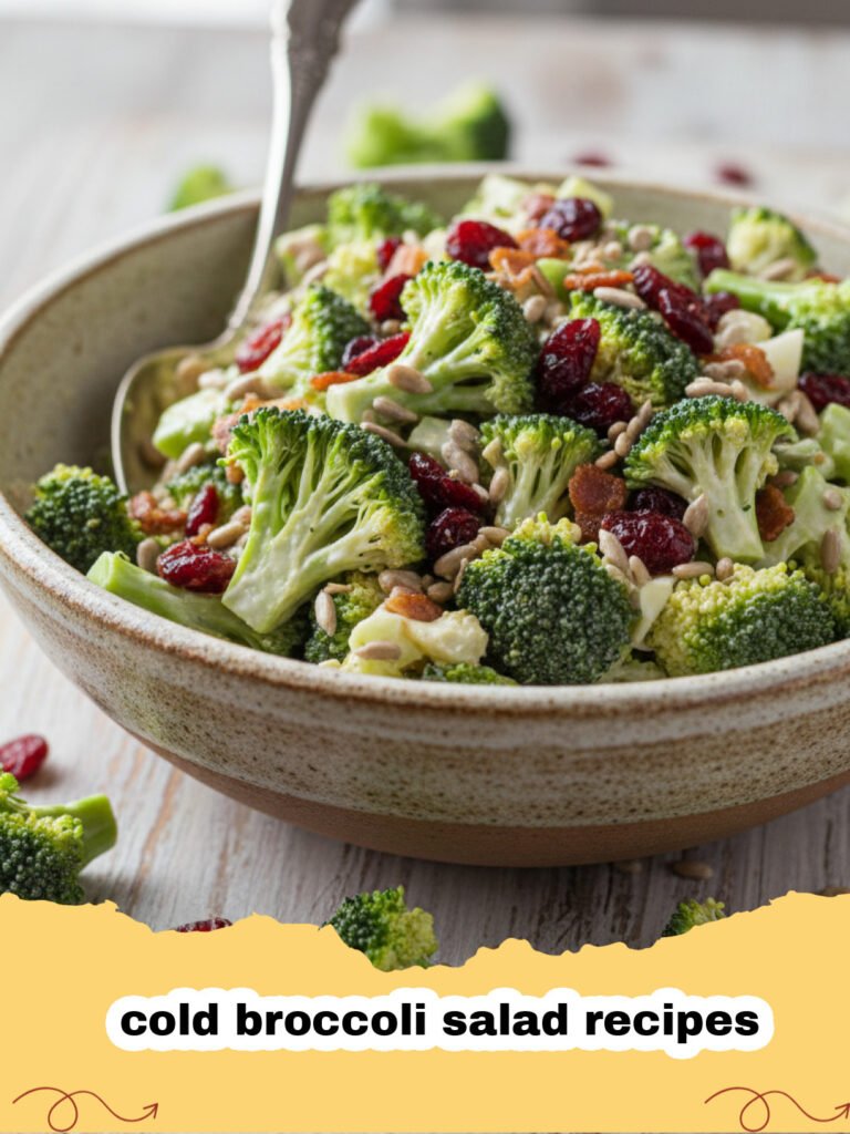 cold broccoli salad recipes - A vibrant bowl of creamy cold broccoli salad with cranberries and sunflower seeds
