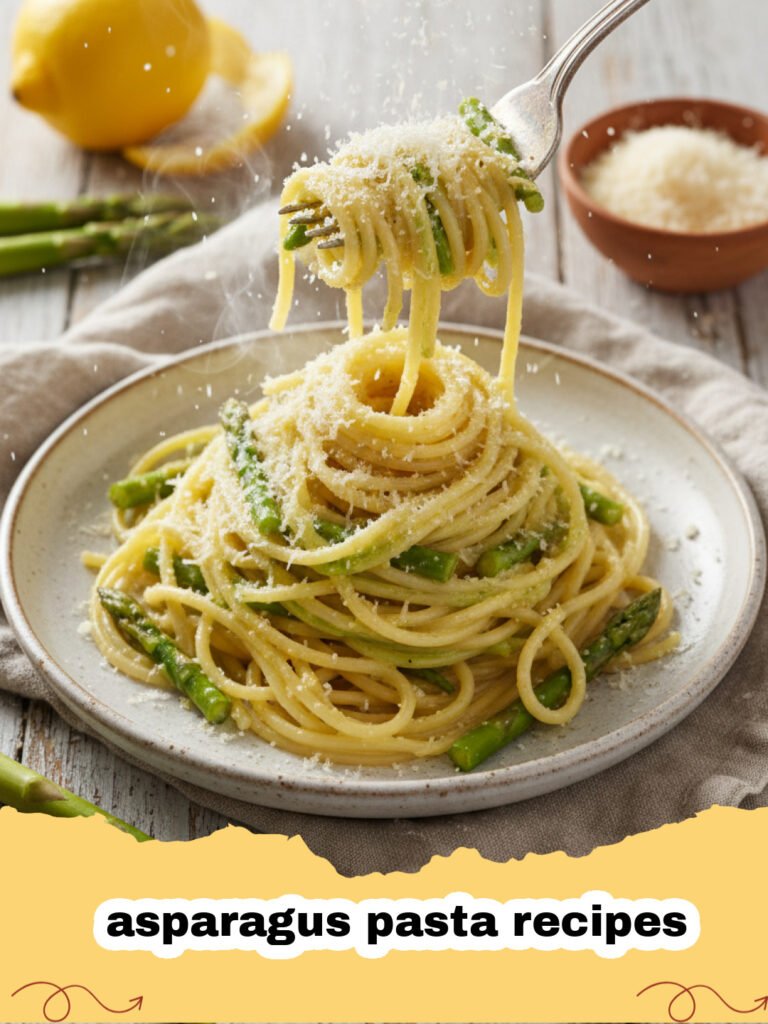 asparagus pasta recipes - A close-up of a bowl of creamy lemon asparagus pasta, garnished with fresh parsley and lemon zest.