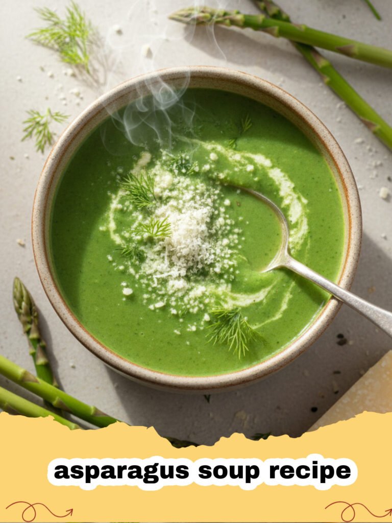 asparagus soup recipe - Close-up of a bowl of vibrant green creamy asparagus soup with a swirl of cream and fresh herbs on top.
