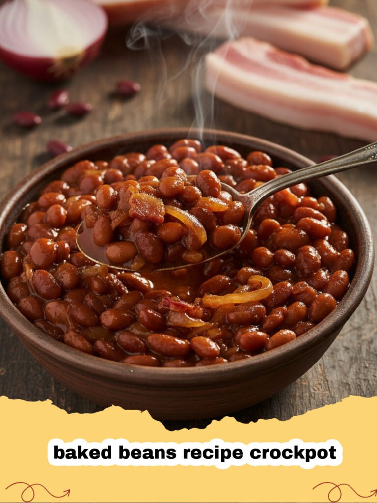baked beans recipe crockpot - Close-up of bubbling, rich baked beans in a crockpot, garnished with fresh parsley.