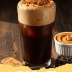 A clear glass of iced coffee topped generously with a creamy, golden cookie butter cold foam, garnished with crumbled Biscoff cookies on a rustic wooden surface.