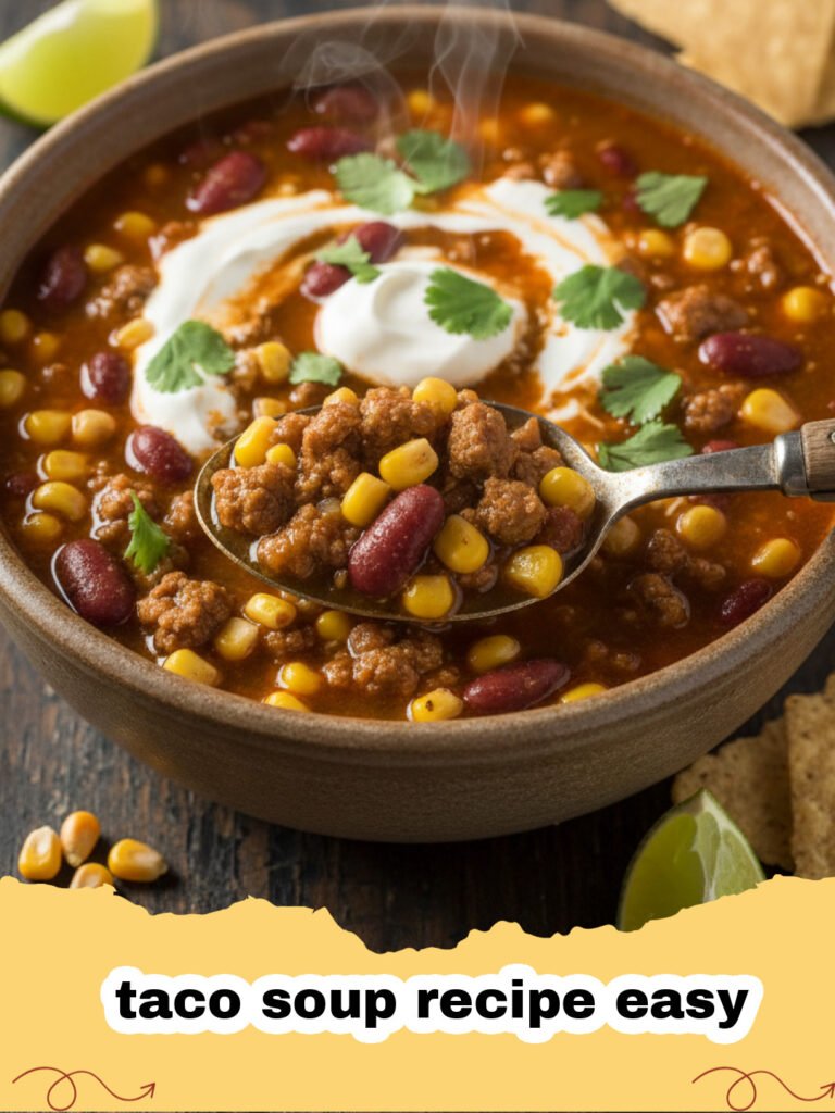 taco soup recipe easy - A steaming bowl of hearty taco soup topped with shredded cheese and a dollop of sour cream, garnished with fresh cilantro.