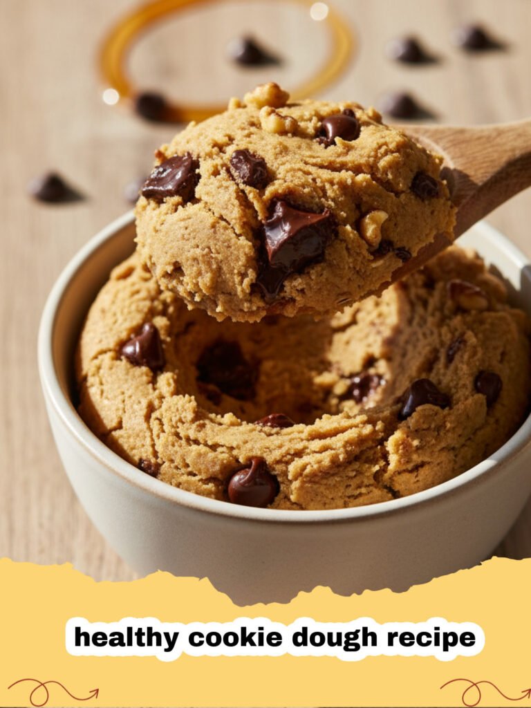 healthy cookie dough recipe - A bowl of healthy edible cookie dough with chocolate chips, served with a spoon.
