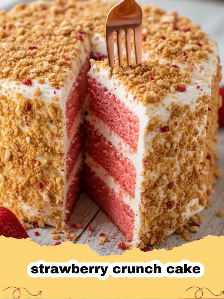 A slice of strawberry crunch cake showing layers of pink cake, white frosting, and a crunchy topping.