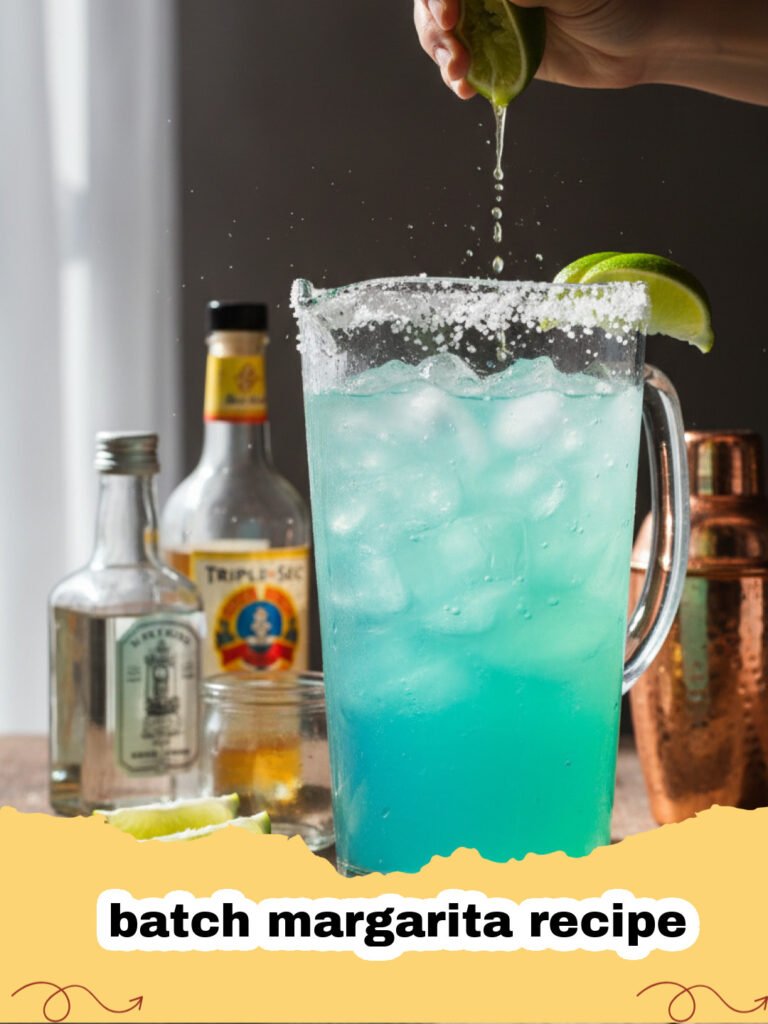 batch margarita recipe - Large pitcher of fresh batch margaritas with lime slices and salted rims, ready for a party.