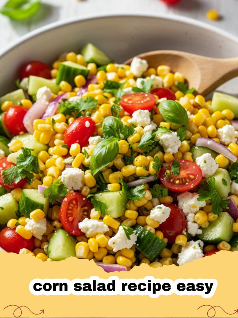 corn salad recipe easy - A vibrant bowl of easy corn salad recipe with fresh corn kernels, red onion, bell pepper, and cilantro.