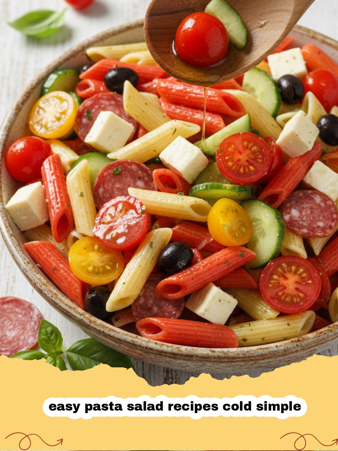 easy pasta salad recipes cold simple - A vibrant and creamy cold pasta salad with rotini, cherry tomatoes, cucumber, bell pepper, and cheddar cheese.