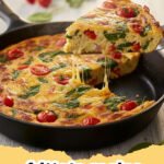 frittata recipe - A golden-brown frittata with colorful vegetables and melted cheese, sliced into wedges on a cutting board.