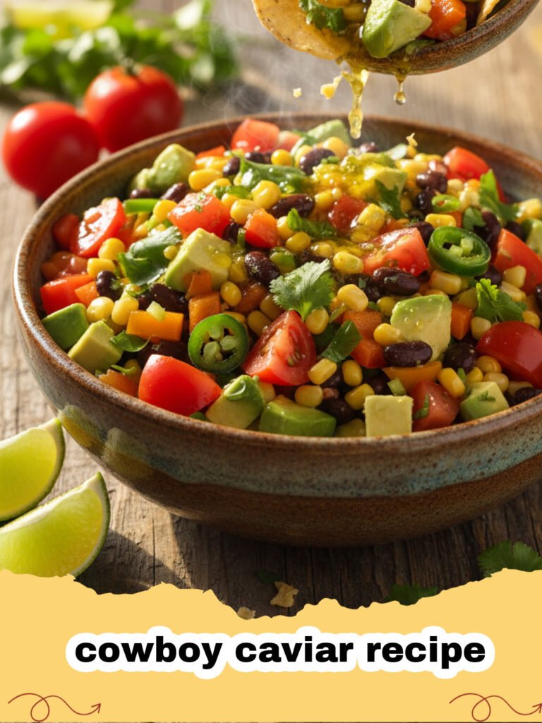cowboy caviar recipe - A close-up shot of a colorful bowl of cowboy caviar with black beans, corn, peppers, and avocado.