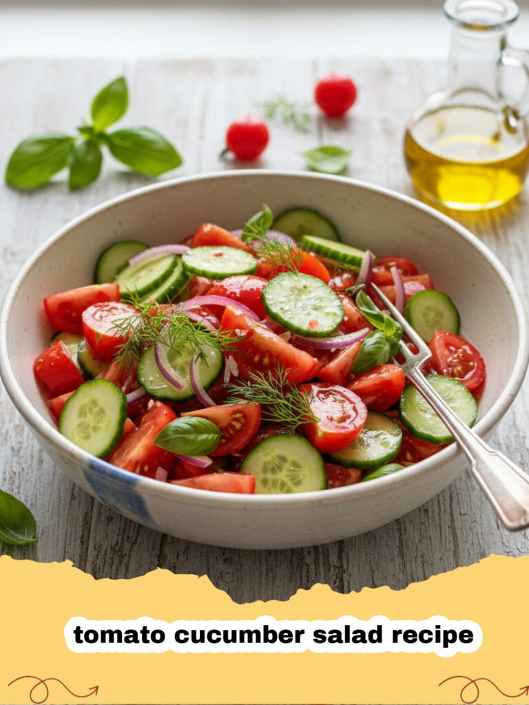 tomato cucumber salad recipe - Vibrant and fresh tomato cucumber salad in a serving bowl with a spoon