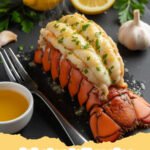 lobster tail recipe - Close-up of perfectly cooked garlic butter lobster tails in their shells, garnished with fresh herbs and lemon wedges.