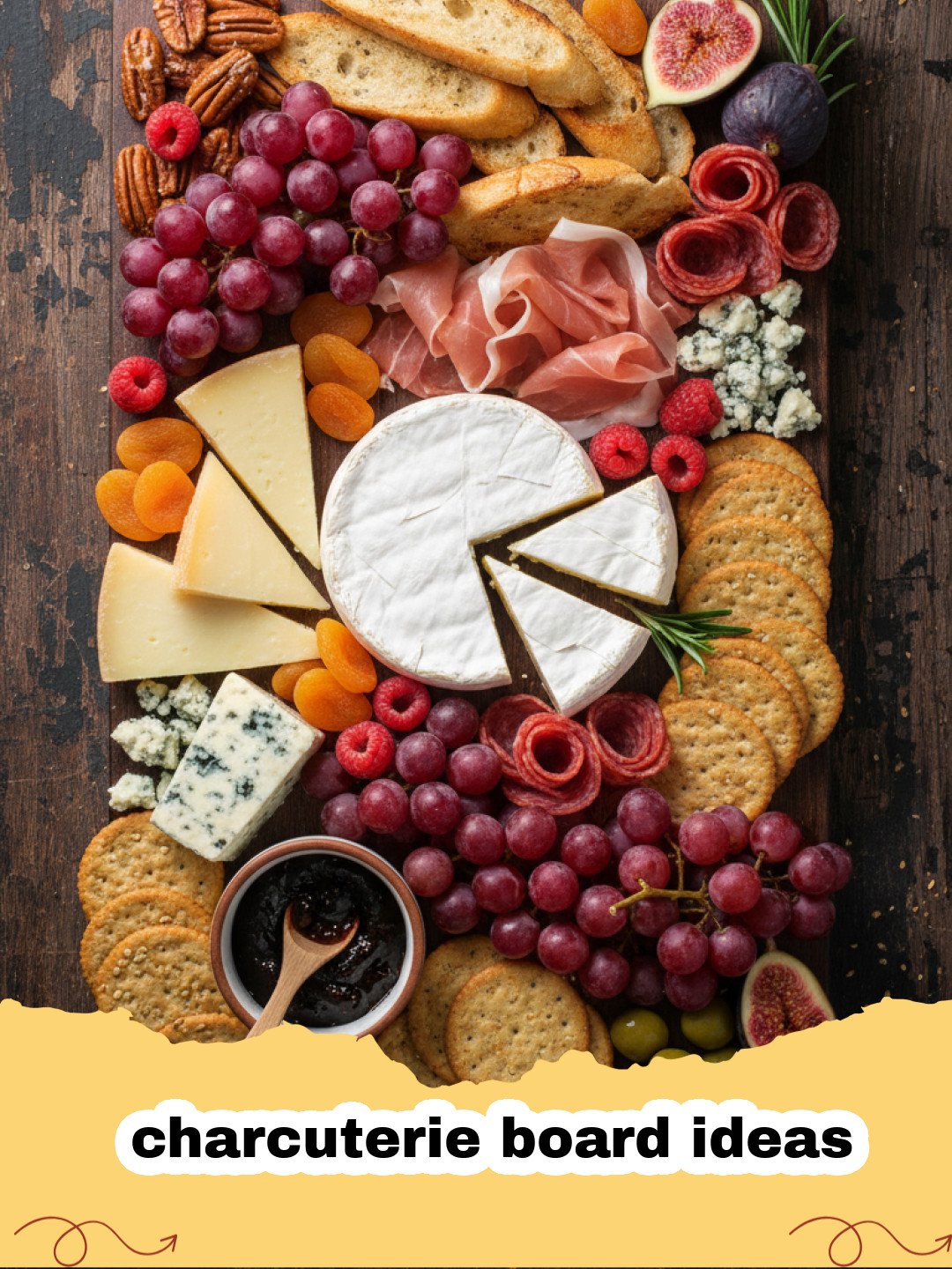 charcuterie board ideas - A beautifully arranged charcuterie board filled with a variety of cheeses, cured meats, fresh fruits, crackers, nuts, and jams.