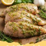 Greek chicken marinade - Platter of grilled Greek chicken breasts with lemon wedges and fresh herbs