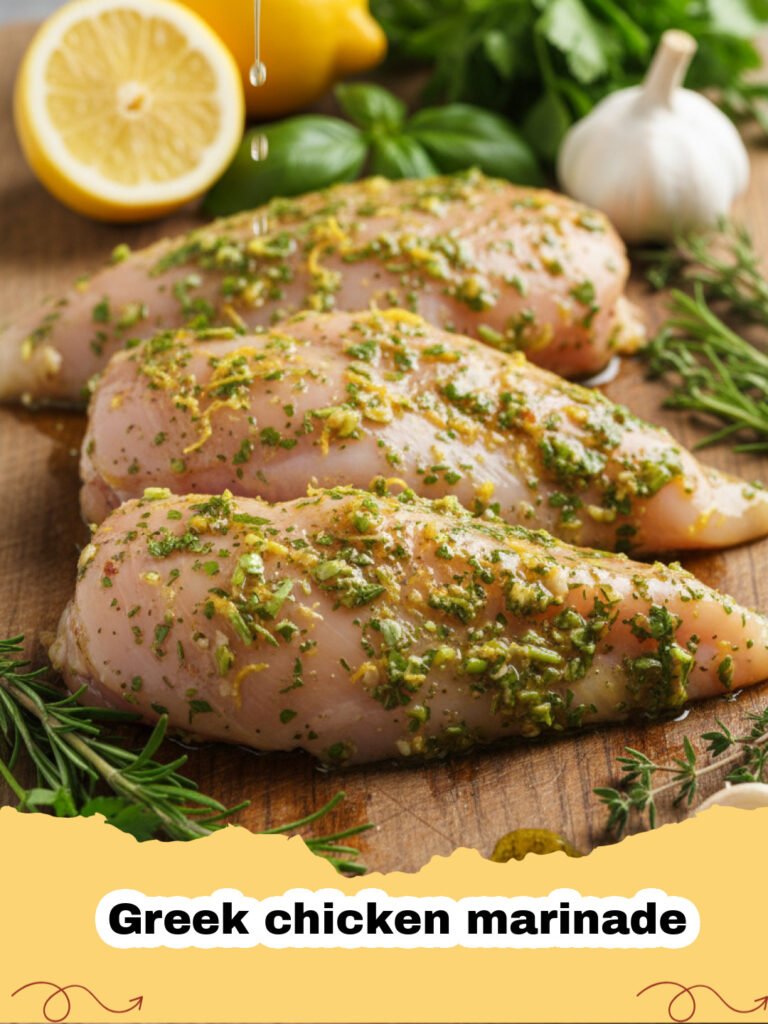 Greek chicken marinade - Platter of grilled Greek chicken breasts with lemon wedges and fresh herbs