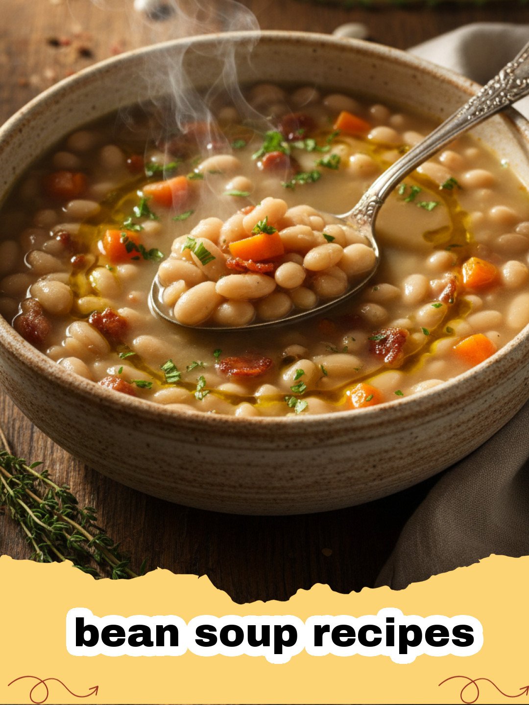 bean soup recipes - A steaming bowl of hearty bean soup with fresh herbs and crusty bread on a rustic wooden table.
