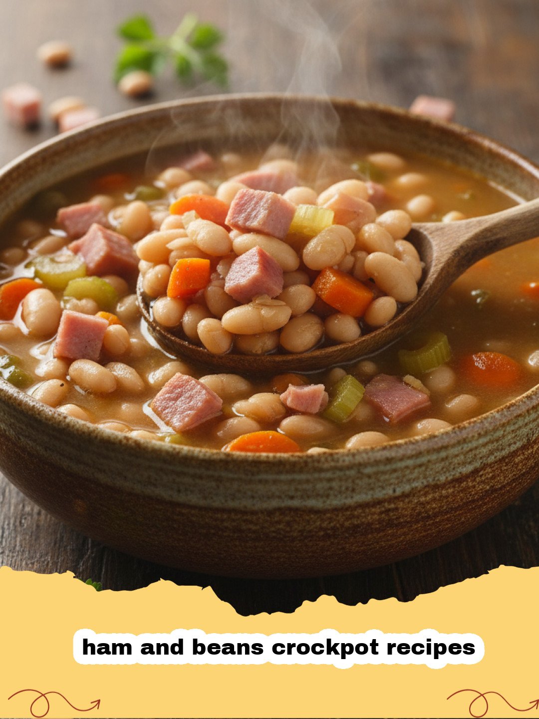 ham and beans crockpot recipes - A hearty bowl of ham and beans with crusty bread, garnished with fresh parsley.