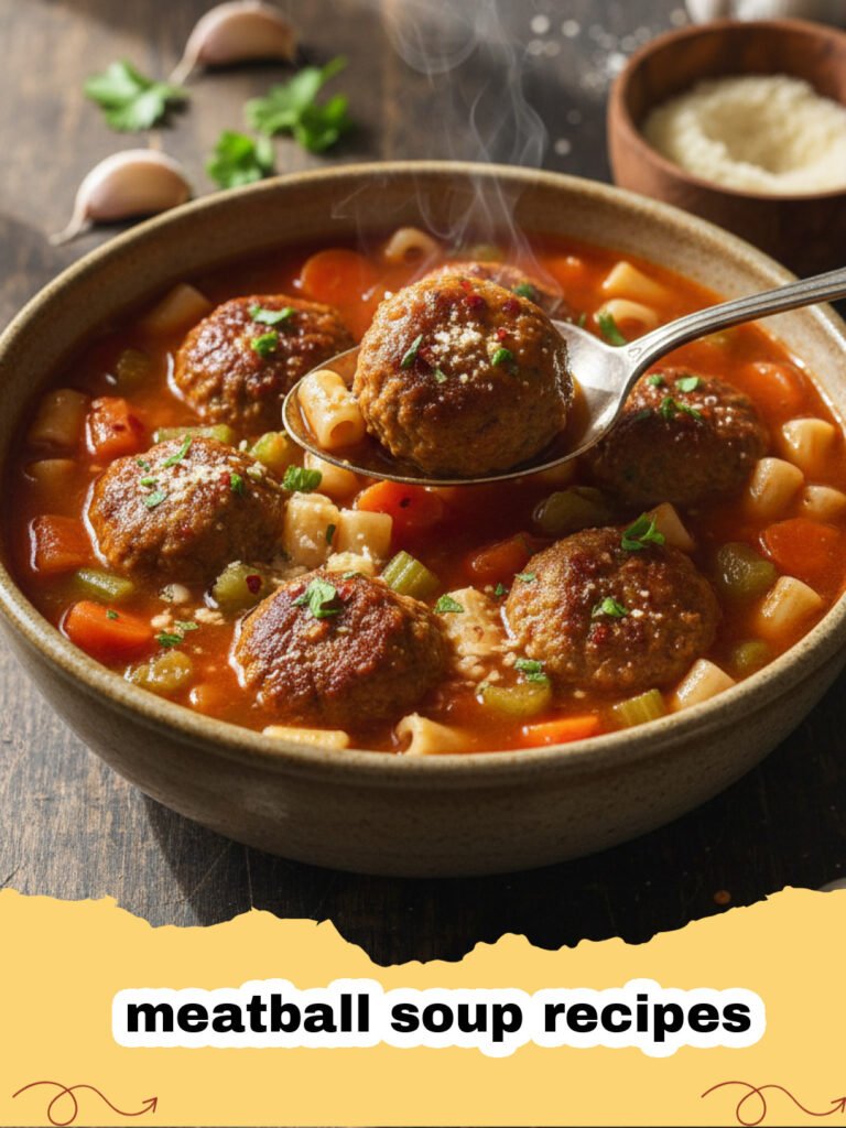 meatball soup recipes - A steaming bowl of hearty meatball soup with small pasta, vegetables, and fresh herbs, served with crusty bread on a rustic wooden table.