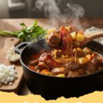 pork stew meat recipes - A hearty bowl of slow-cooked pork and root vegetable stew with crusty bread.