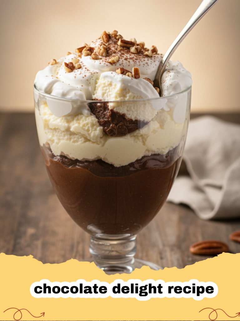 chocolate delight recipe - A square slice of No-Bake Chocolate Delight on a plate, showing distinct layers of pecan crust, cream cheese, chocolate pudding, and whipped topping, garnished with chocolate shavings.