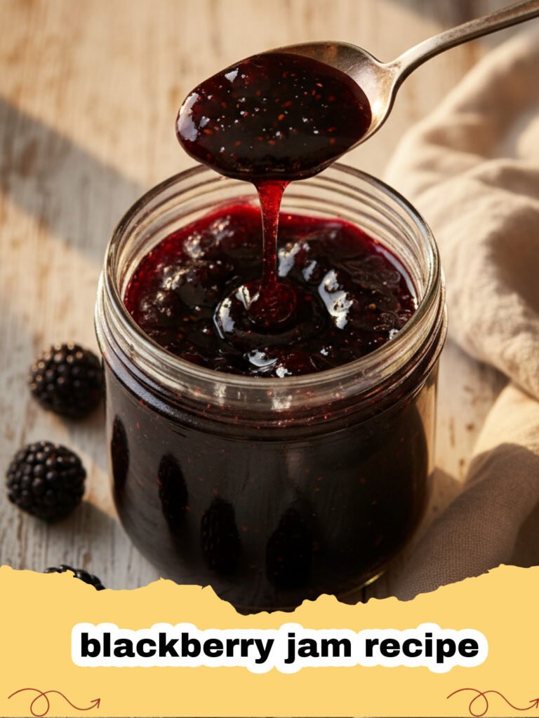blackberry jam recipe - Close-up of vibrant purple homemade blackberry jam in glass jars, with fresh blackberries scattered around.