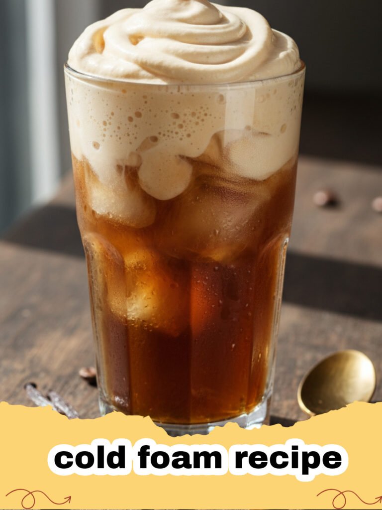 cold foam recipe - Iced coffee with a generous layer of creamy, homemade cold foam, garnished with a sprinkle of cocoa powder.