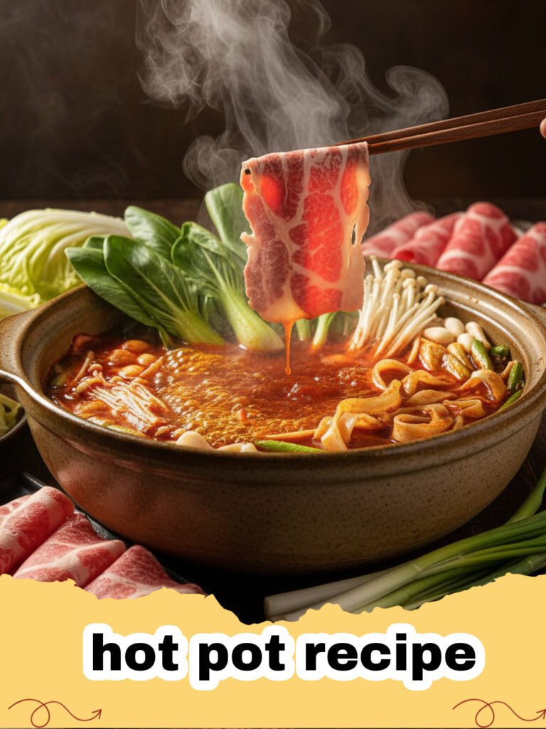 hot pot recipe - A bubbling hot pot with various ingredients like thinly sliced beef, leafy greens, and mushrooms, ready for cooking and dipping.