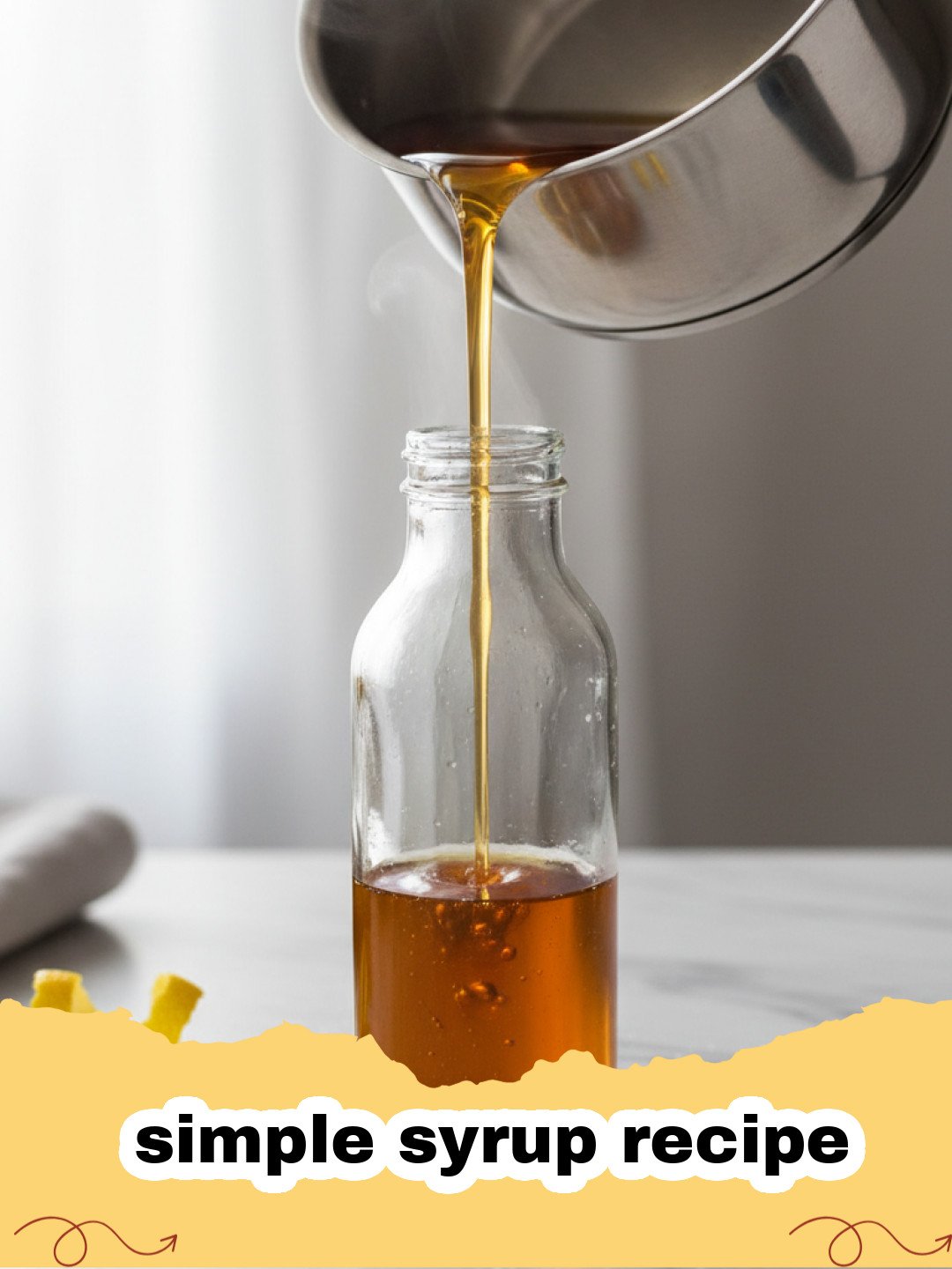 simple syrup recipe - A glass jar filled with clear simple syrup, with a small funnel next to it, on a light background.