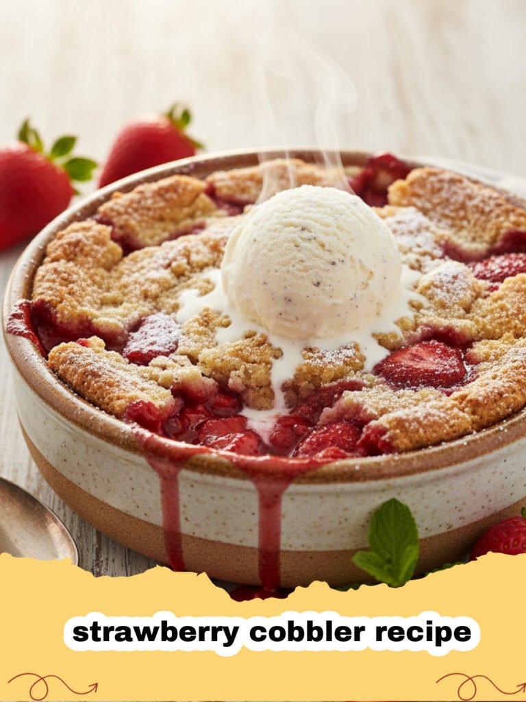 Warm strawberry cobbler recipe in a baking dish, topped with golden biscuits, with a scoop of melting vanilla ice cream.