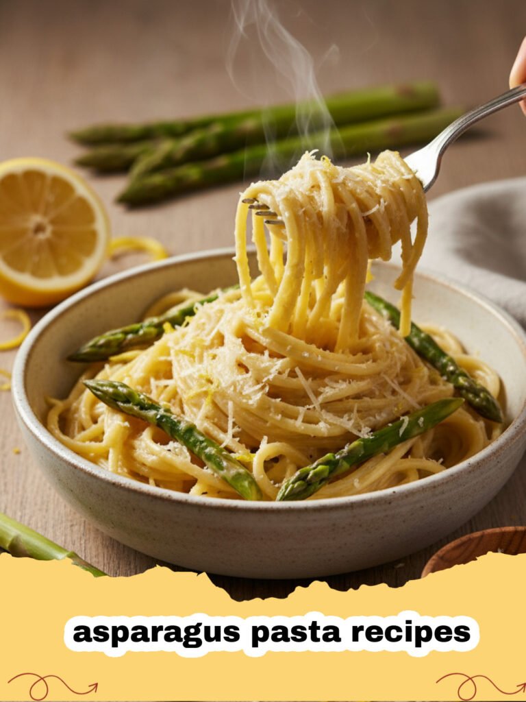 asparagus pasta recipes - A close-up shot of vibrant asparagus pasta with lemon and Parmesan on a white plate.