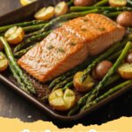 sheet pan salmon - Sheet pan salmon with roasted asparagus, cherry tomatoes, and lemon slices