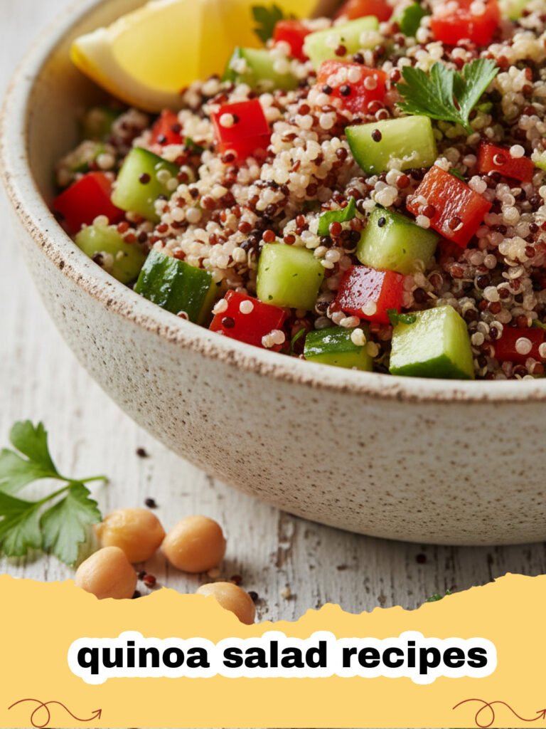quinoa salad recipes - Close-up of a vibrant Mediterranean Quinoa Salad in a large bowl, garnished with fresh herbs.
