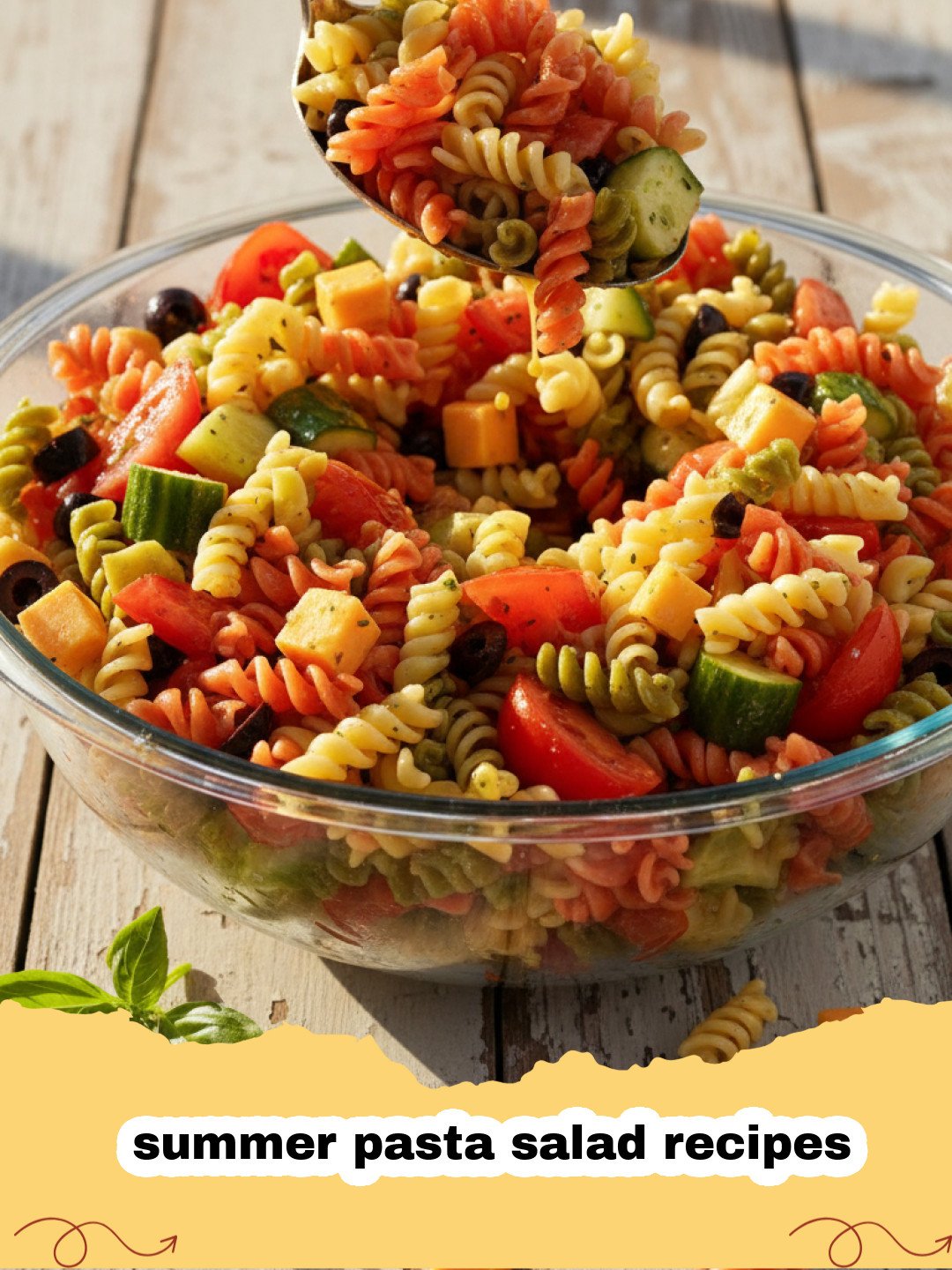 summer pasta salad recipes - A vibrant bowl of Mediterranean pasta salad with rotini pasta, cherry tomatoes, cucumber, red onion, olives, and feta cheese.