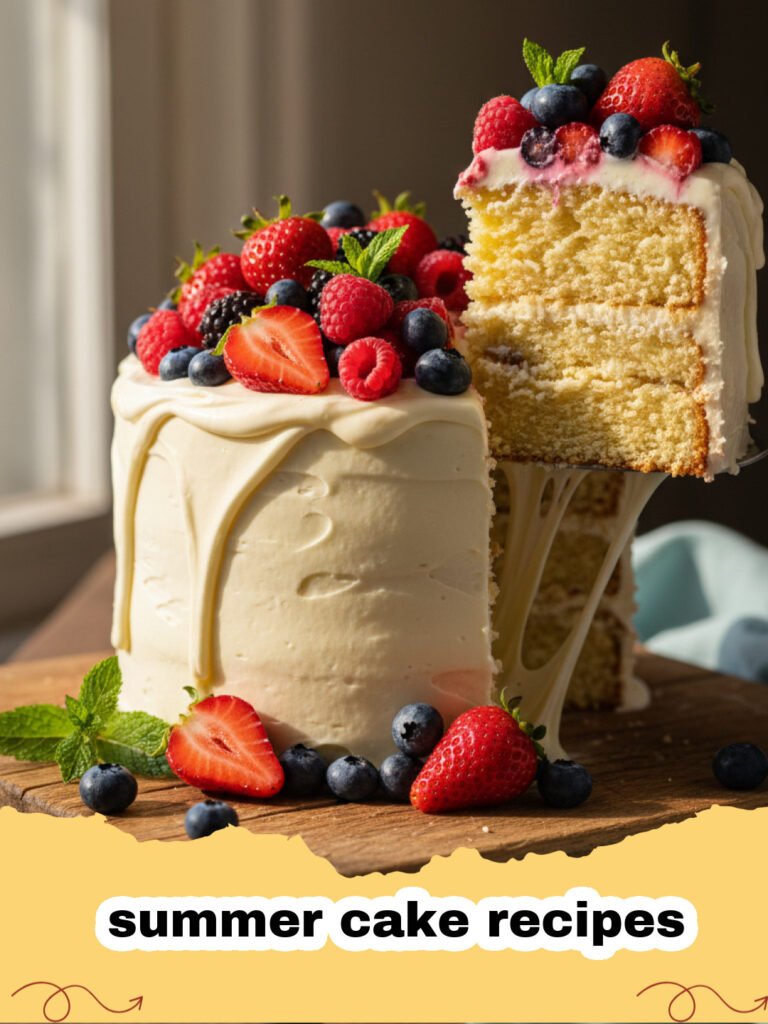 summer cake recipes - Close-up of a slice of No-Bake Berry Icebox Cake with layers of cream, berries, and graham crackers, garnished with fresh mint.