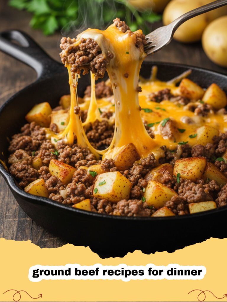 ground beef recipes for dinner - Hearty One-Pan Ground Beef and Potato Skillet with melted cheese and fresh parsley