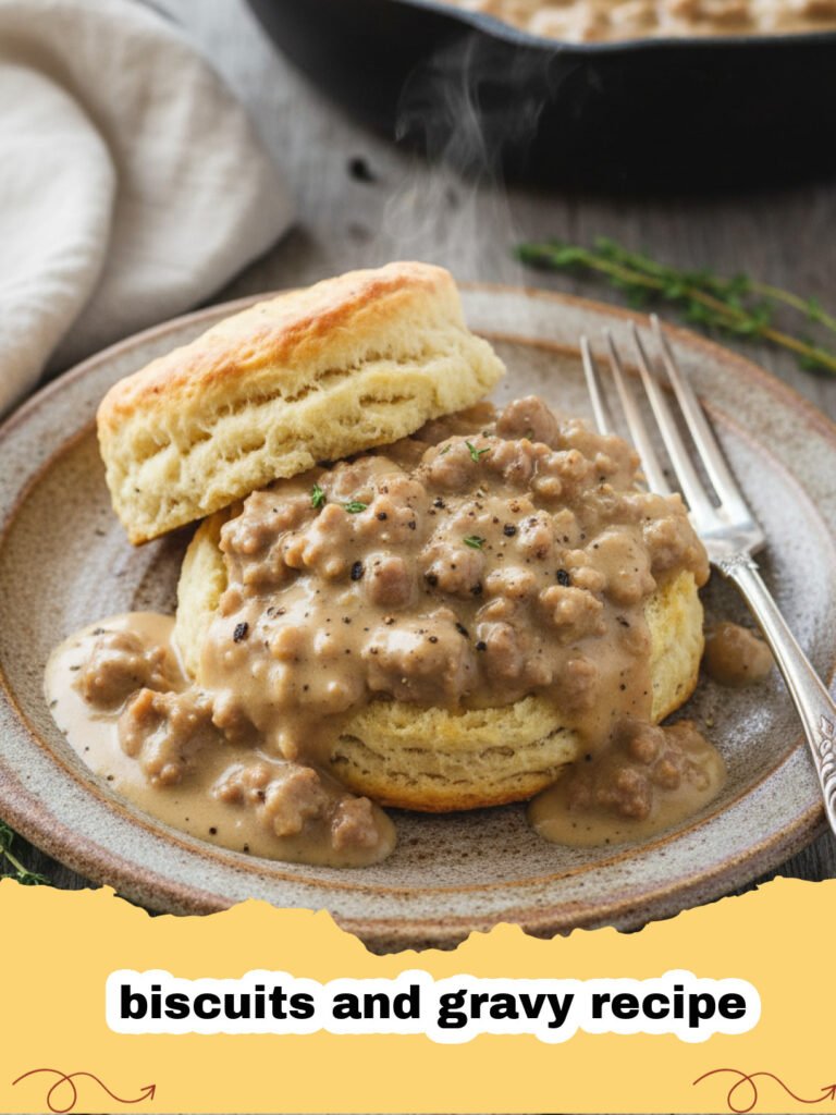 biscuits and gravy recipe - Fluffy homemade biscuits smothered in creamy sausage gravy, garnished with fresh parsley.