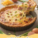 quiche recipe - A perfectly baked, golden classic everyday quiche with a flaky crust and visible savory filling, sliced on a wooden board.