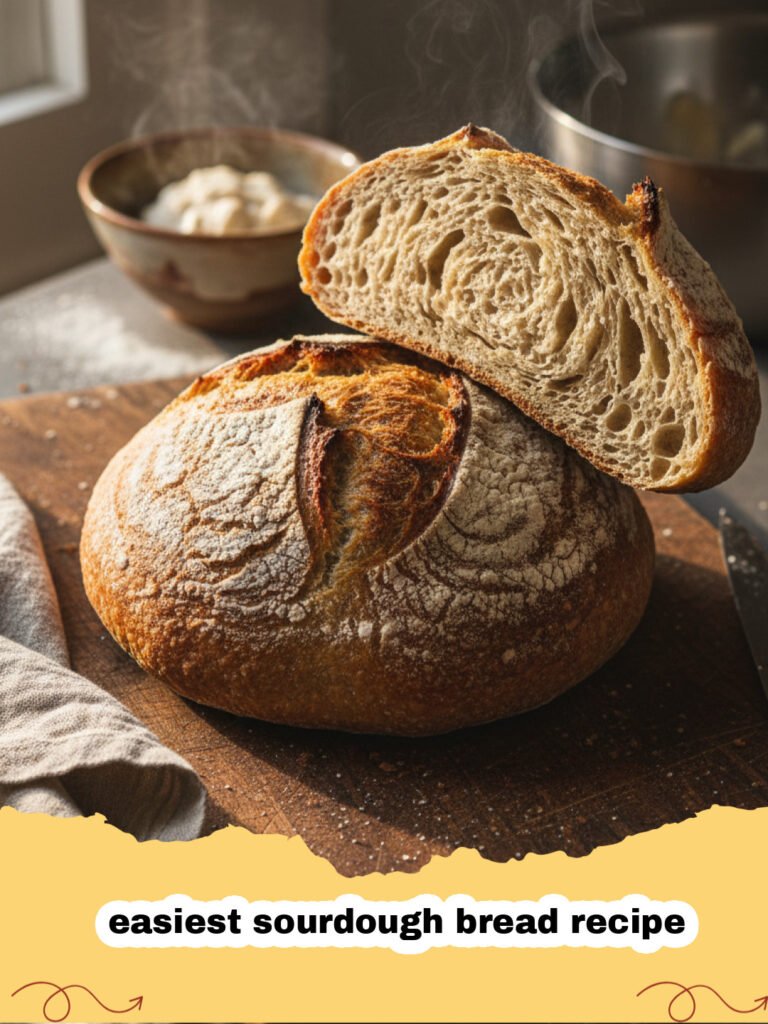 easiest sourdough bread recipe - A freshly baked, crusty loaf of homemade sourdough bread on a cooling rack.