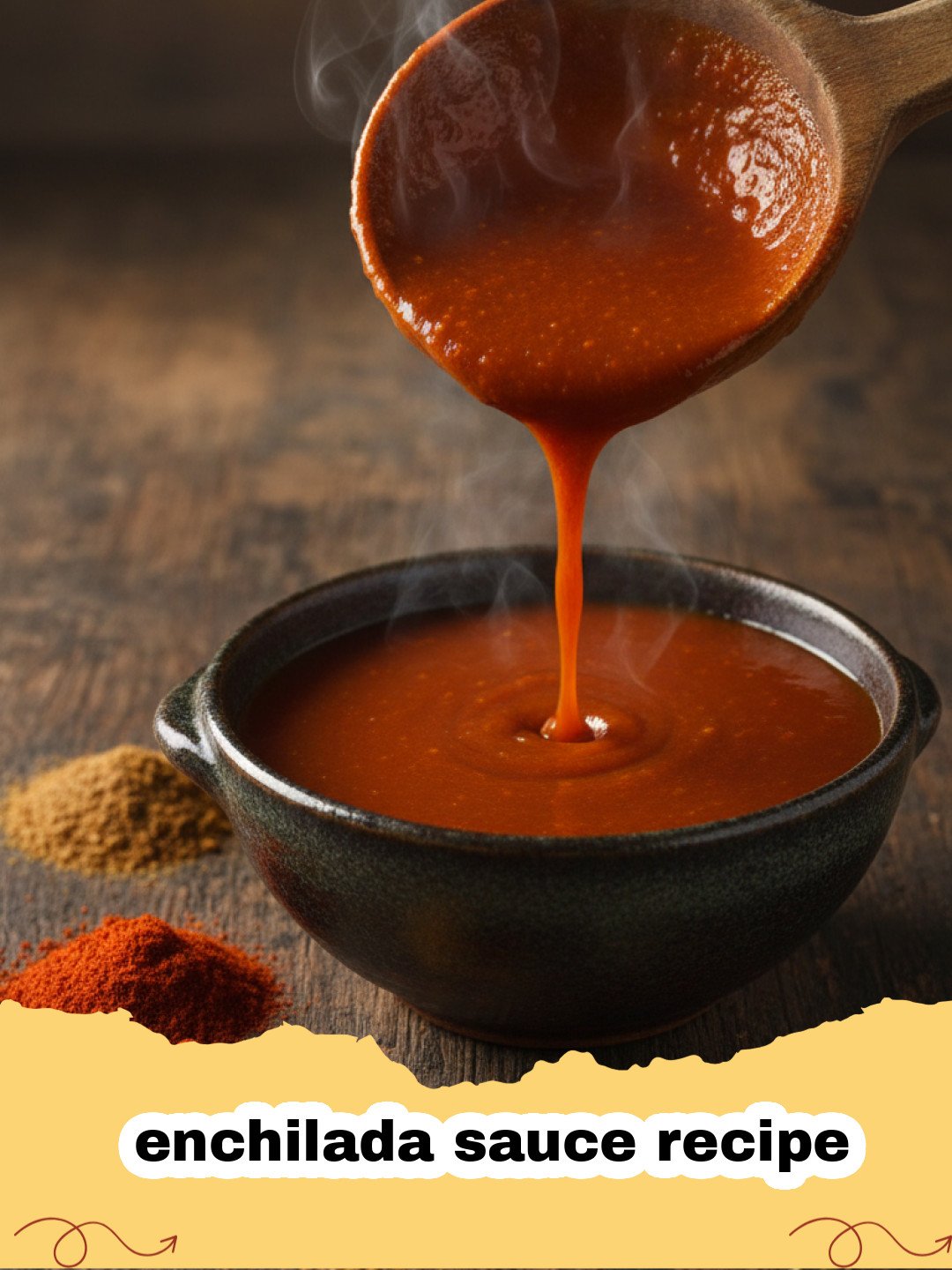enchilada sauce recipe - A close-up shot of rich, vibrant red enchilada sauce in a small ceramic bowl, garnished with a sprig of cilantro, against a rustic wooden background.