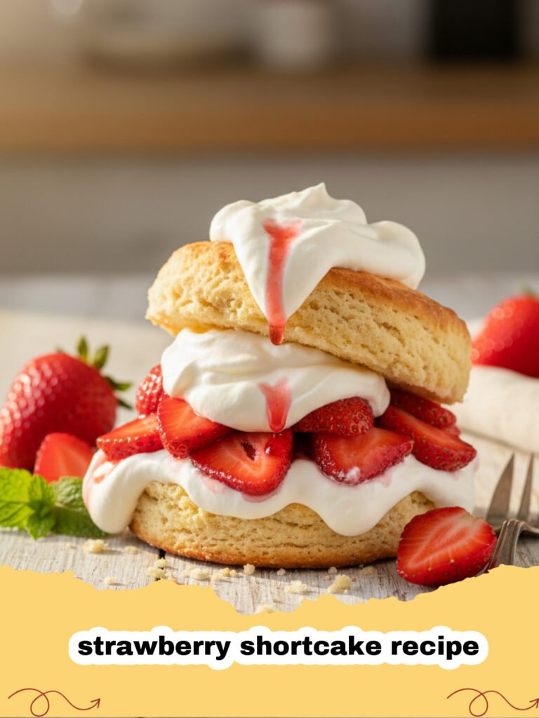 strawberry shortcake recipe - Homemade strawberry shortcake with fresh whipped cream and berries
