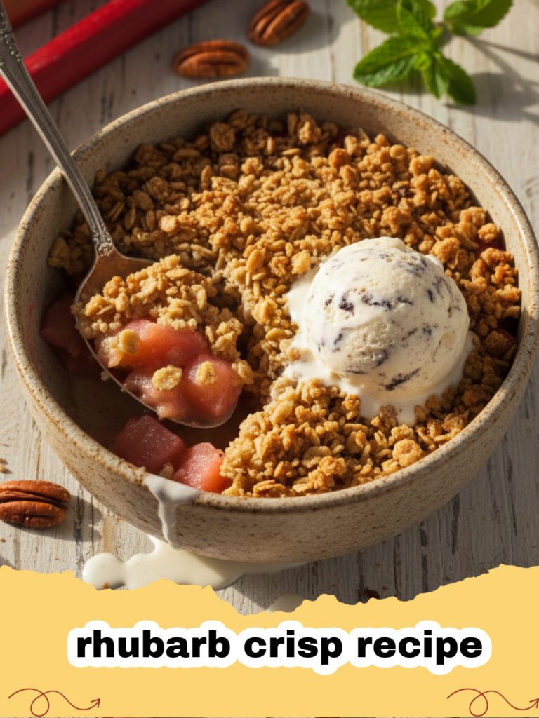 rhubarb crisp recipe - Close-up of a golden brown rhubarb crisp with oat topping, served with a scoop of melting vanilla ice cream.