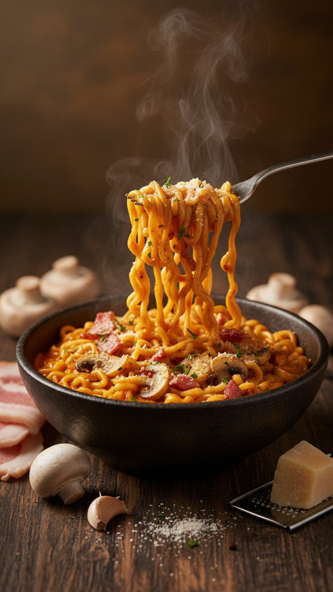Spicy Creamy Carbonara Buldak Ramen Preparation