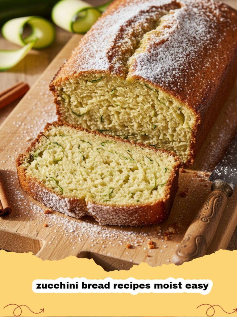 zucchini bread recipes moist easy - Slice of moist zucchini bread with chocolate chips on a wooden board