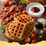 A large, beautifully arranged breakfast board featuring eggs, bacon, sausage, fresh fruits, pastries, and various spreads.
