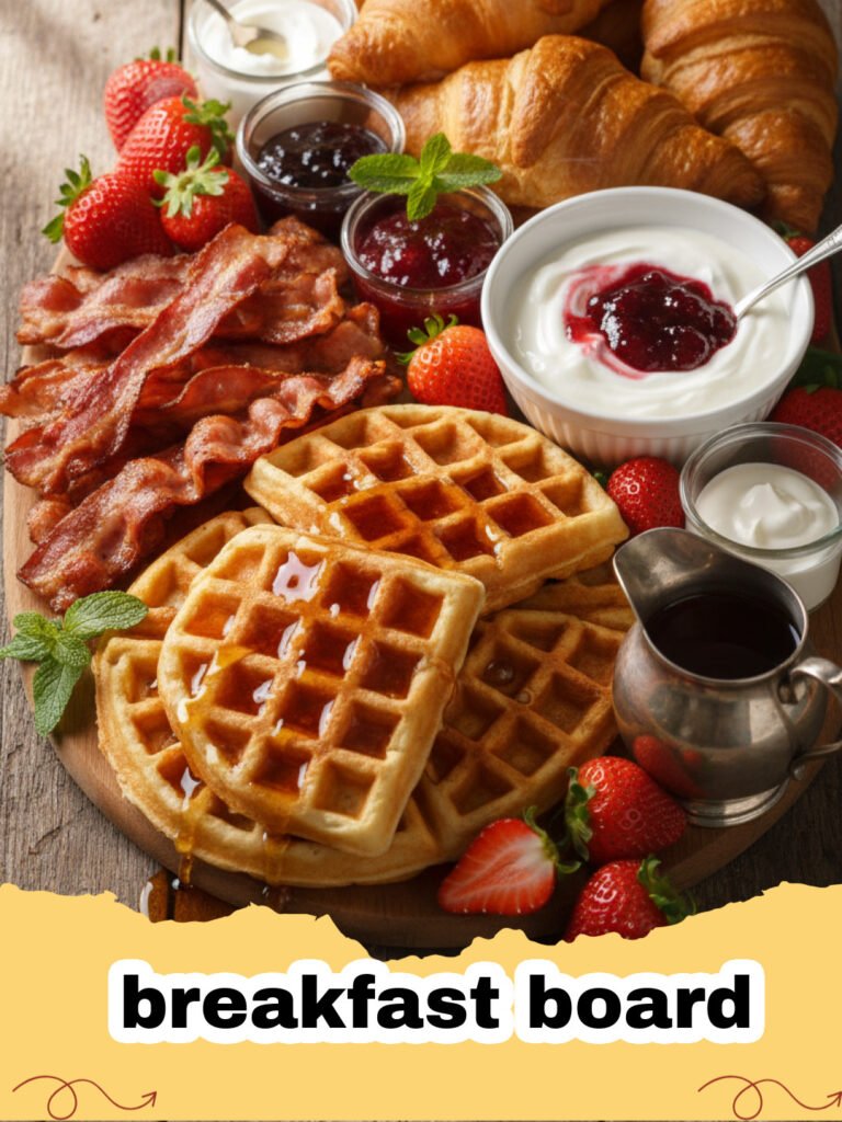 A large, beautifully arranged breakfast board featuring eggs, bacon, sausage, fresh fruits, pastries, and various spreads.
